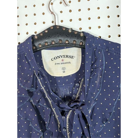 Converse x John Varvatos Silk polka dot printed ruffle front blouse size M - Picture 4 of 5